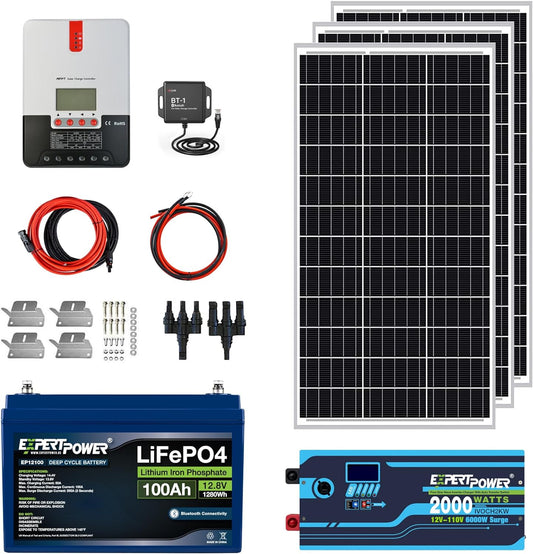 1.3KWH 12V Solar Power Kit | Lifepo4 12V 100Ah, 300W Mono Solar Panels, 30A MPPT Solar Charge Controller, 2KW Pure Sine Wave Inverter Charger | RV, Trailer, Camper, Marine, off Grid