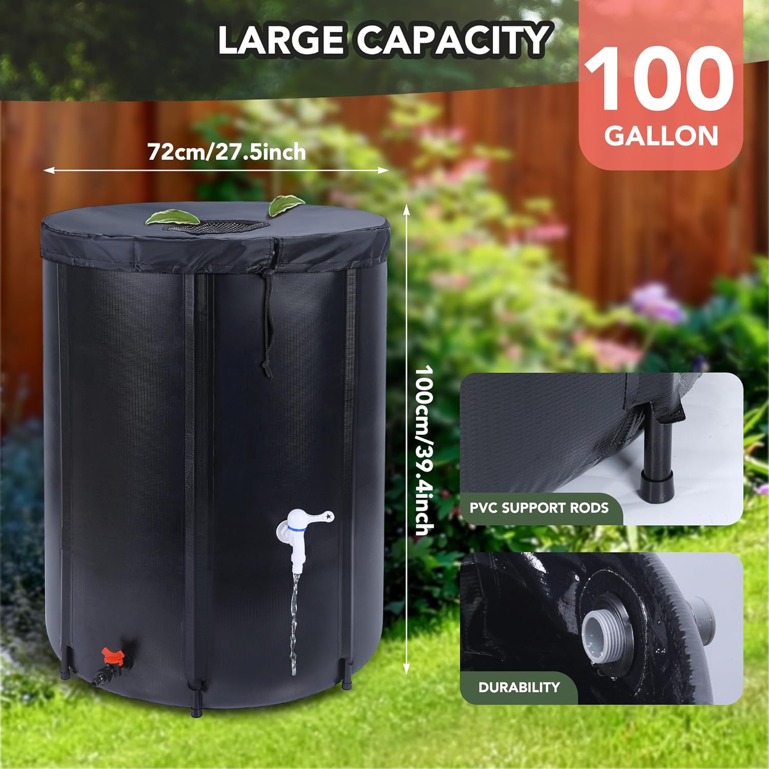 100 Gallon Rain Barrel Water Tank, Portable Water Storage Tank, Large Rain Water Collection Barrel, Collapsible Rain Water Catching System with Spigot Overflow Kit, Black