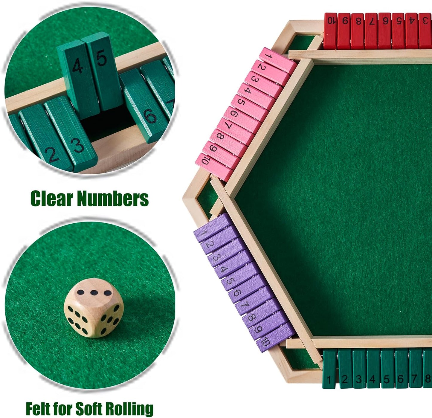 Shut the Box Game for 6 Player with 12+4 Dice - Colorful 6 Sided Wooden Board Math Number Games for Kids Adults Families Party Club (Instructions Included)