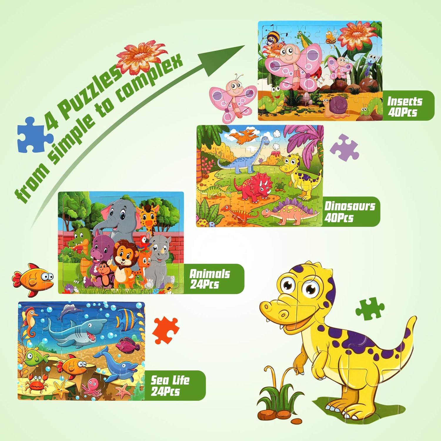 Wooden Jigsaw Puzzles for Kids Age 3-5 Year Old, 4 Pack 24-40 Pieces Preschool Educational Learning Toys Gift Set for Children Boys and Girls, Sea Life, Insects, Animals, Dinosaurs Themes