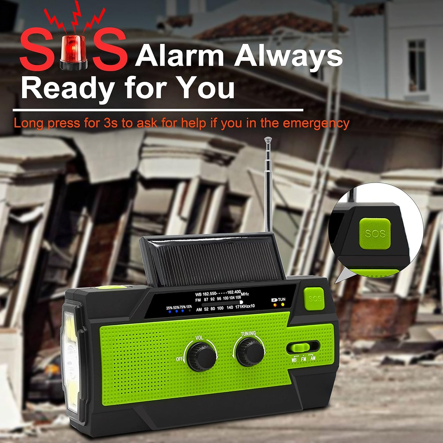 Professional Title: "4000mAh Emergency Crank Weather Radio - Solar Hand Crank Portable AM/FM/NOAA with 1W 3 Mode Flashlight, Motion Sensor Reading Lamp, Cell Phone Charger, and SOS - Ideal for Home and Emergency Situations (Green)"