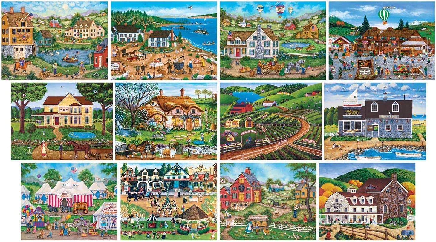 12 Pack Jigsaw Puzzles for Adults, Family, or Kids - Folk Art 12-Pack Bundle