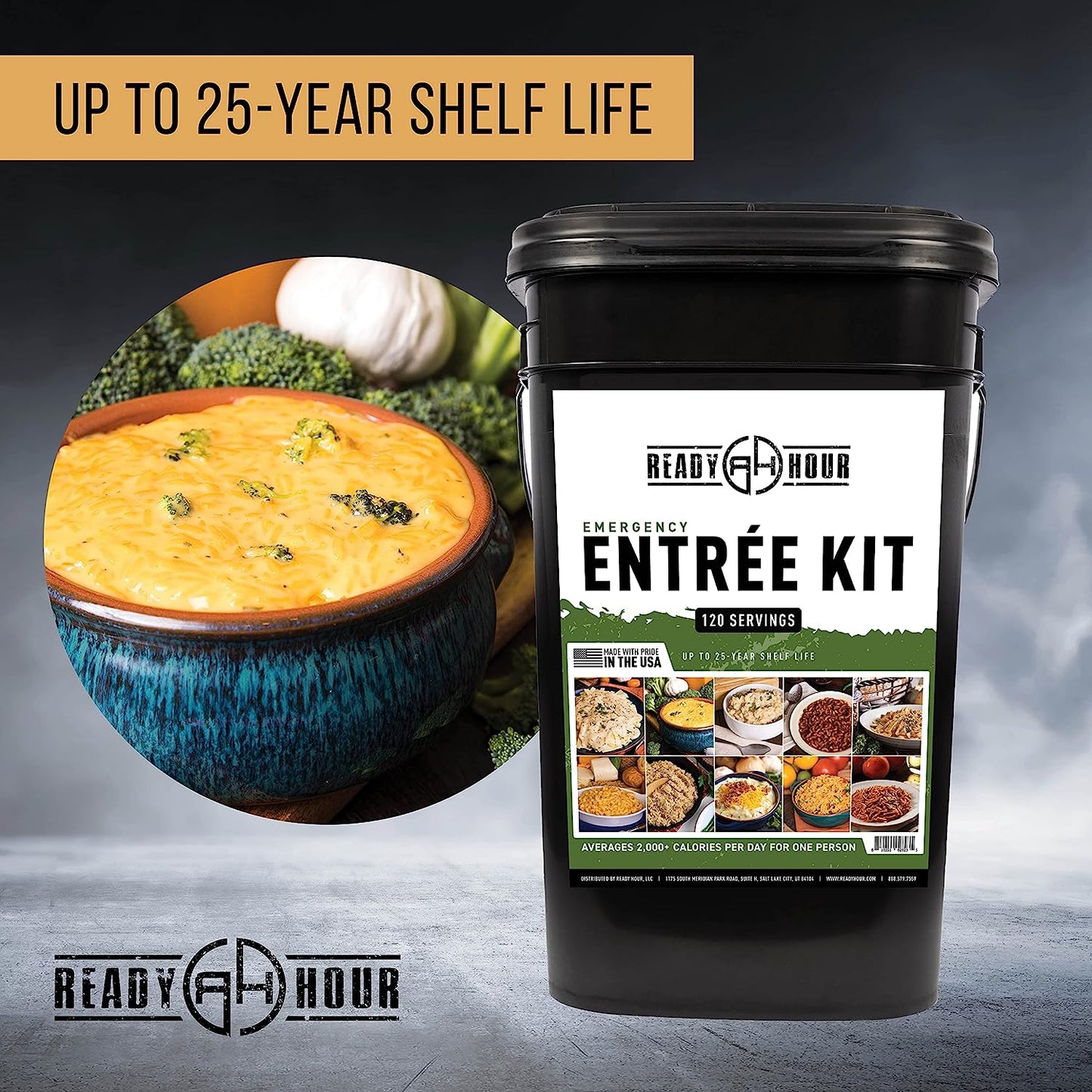 Emergency Meal Entrées, Real Non-Perishable Meals, 25-Year Shelf Life, Portable Flood-Safe Container, 120 Servings