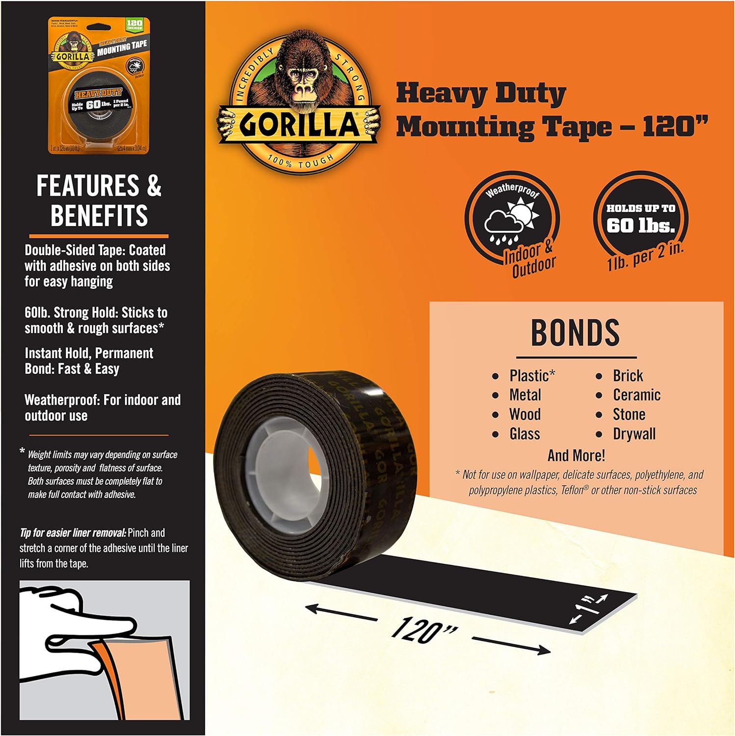 Heavy Duty, Extra Long Double Sided Mounting Tape, 1" X 120", Black, (Pack of 1)