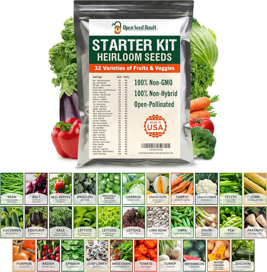 15,000 Non GMO Heirloom Vegetable Seeds for Planting Vegetables and Fruits (32 Variety Pack) - Gardening Seed Starter Kit, Survival Gear Food, Gardening Gifts, Prepper Supplies