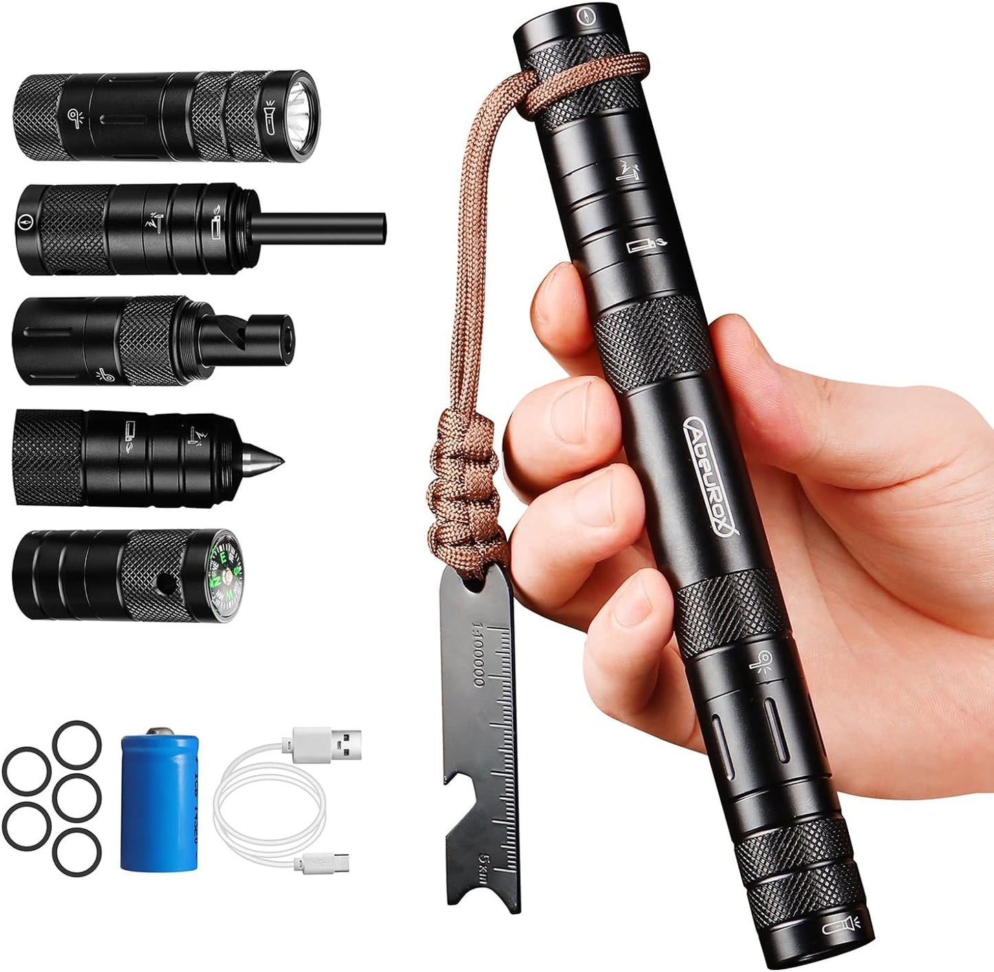 All in 1 Camping Survival Kits with LED Flashlight, Fire Starter, Whistle, Glass Breaker, Compass, Paracord, Tactical Survival Multitool, EDC, Stocking Stuffers and Gifts for Men Women