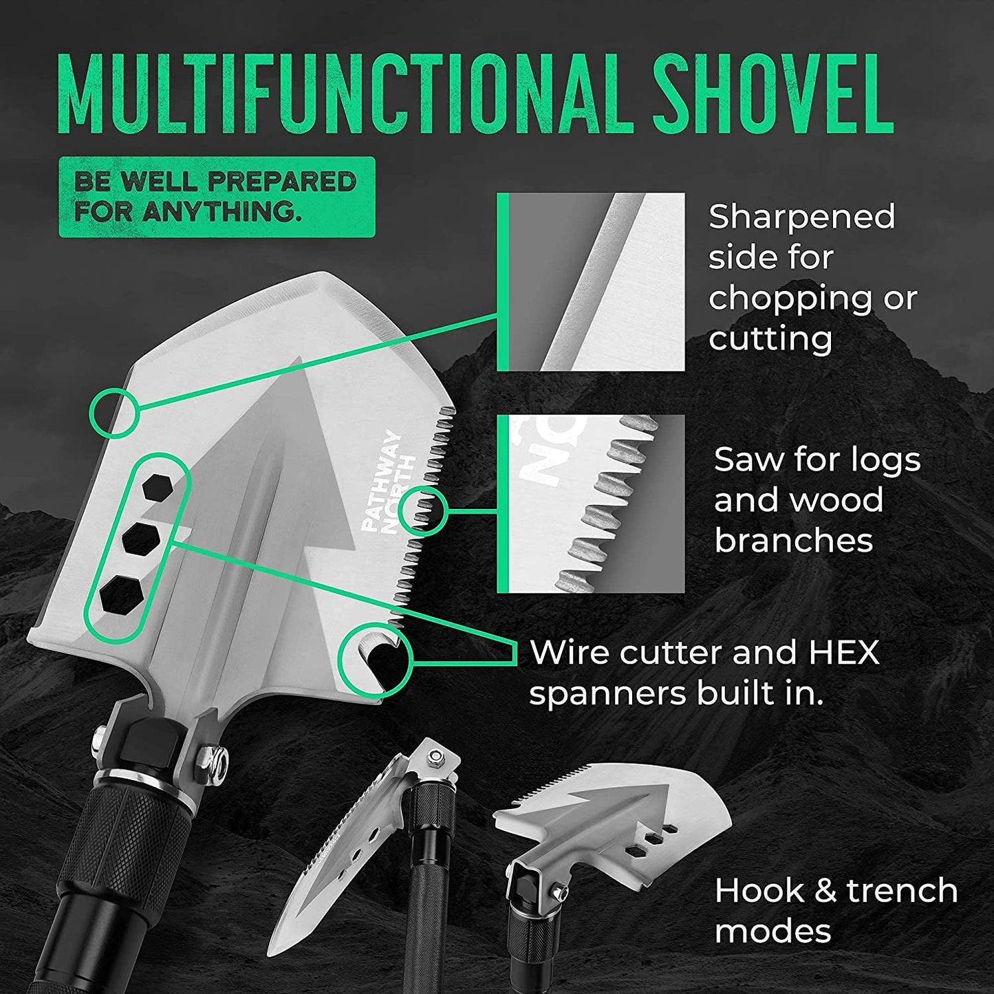Survival Shovel and Camping Axe – Stainless Steel Tactical, Survival Multi-Tool and Survival Hatchet Equipment for Outdoor Hiking Camping Gear, Hunting, Backpacking Emergency Kit(Black)