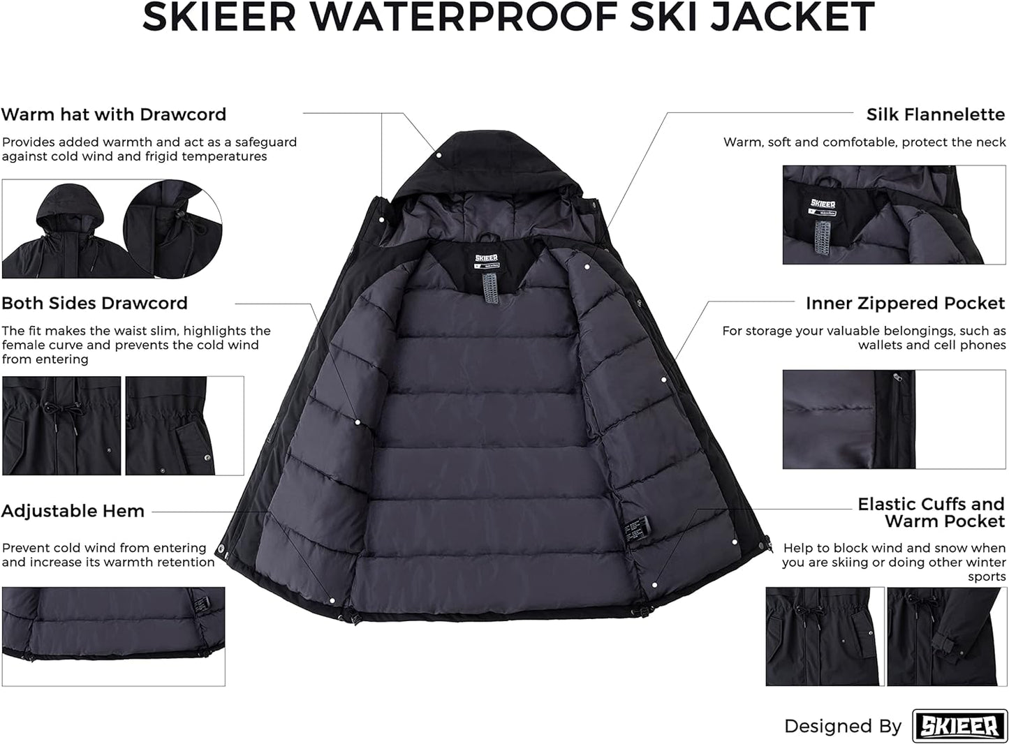 Women'S Waterproof Ski Jacket Hooded Fleece Winter Jacket Warm Snow Coat